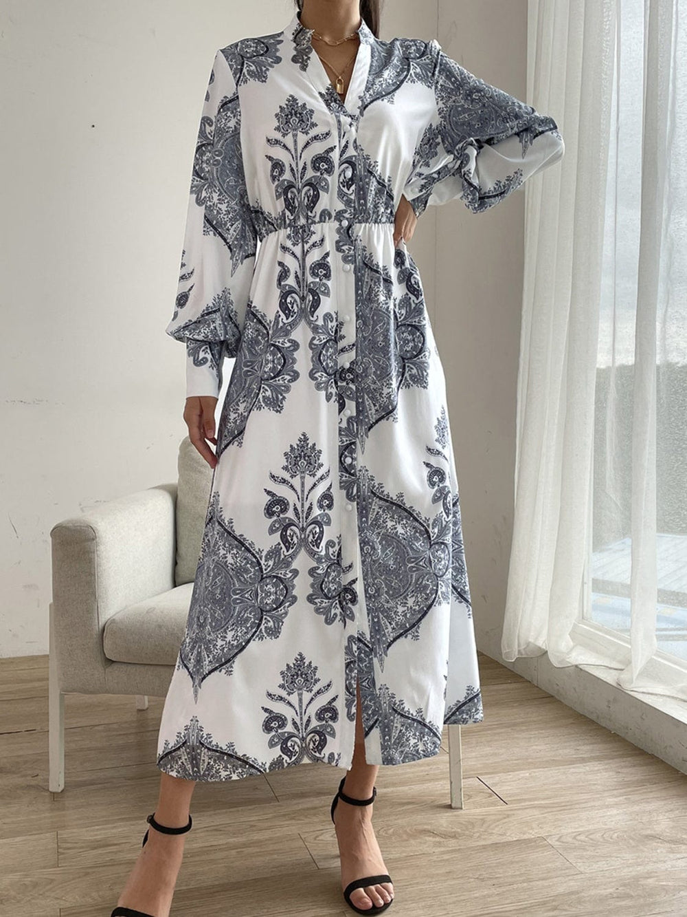 Printed Notched Lantern Sleeve Midi Dress - Trendsi