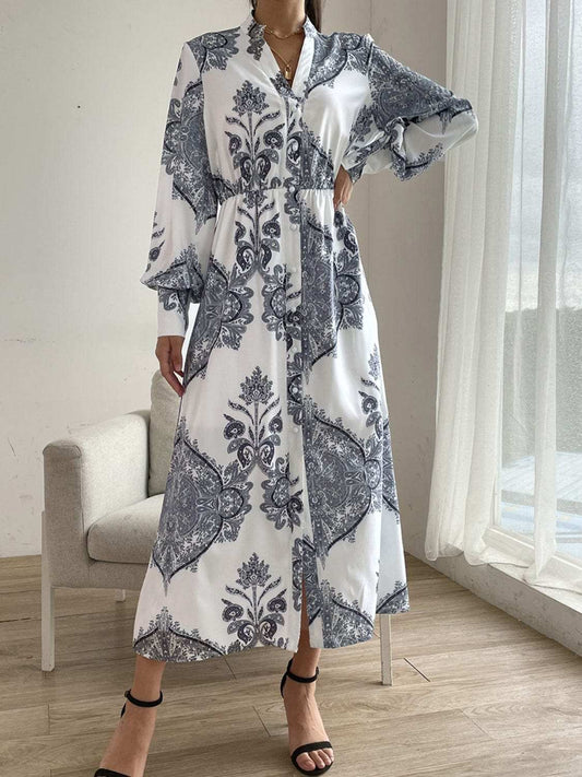 Printed Notched Lantern Sleeve Midi Dress - Trendsi - Flyclothing LLC