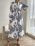 Printed Notched Lantern Sleeve Midi Dress - Trendsi