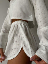 Eyelet Round Neck Top and Shorts Set - Trendsi - Flyclothing LLC