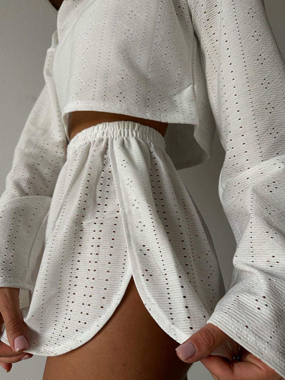 Eyelet Round Neck Top and Shorts Set - Trendsi - Flyclothing LLC