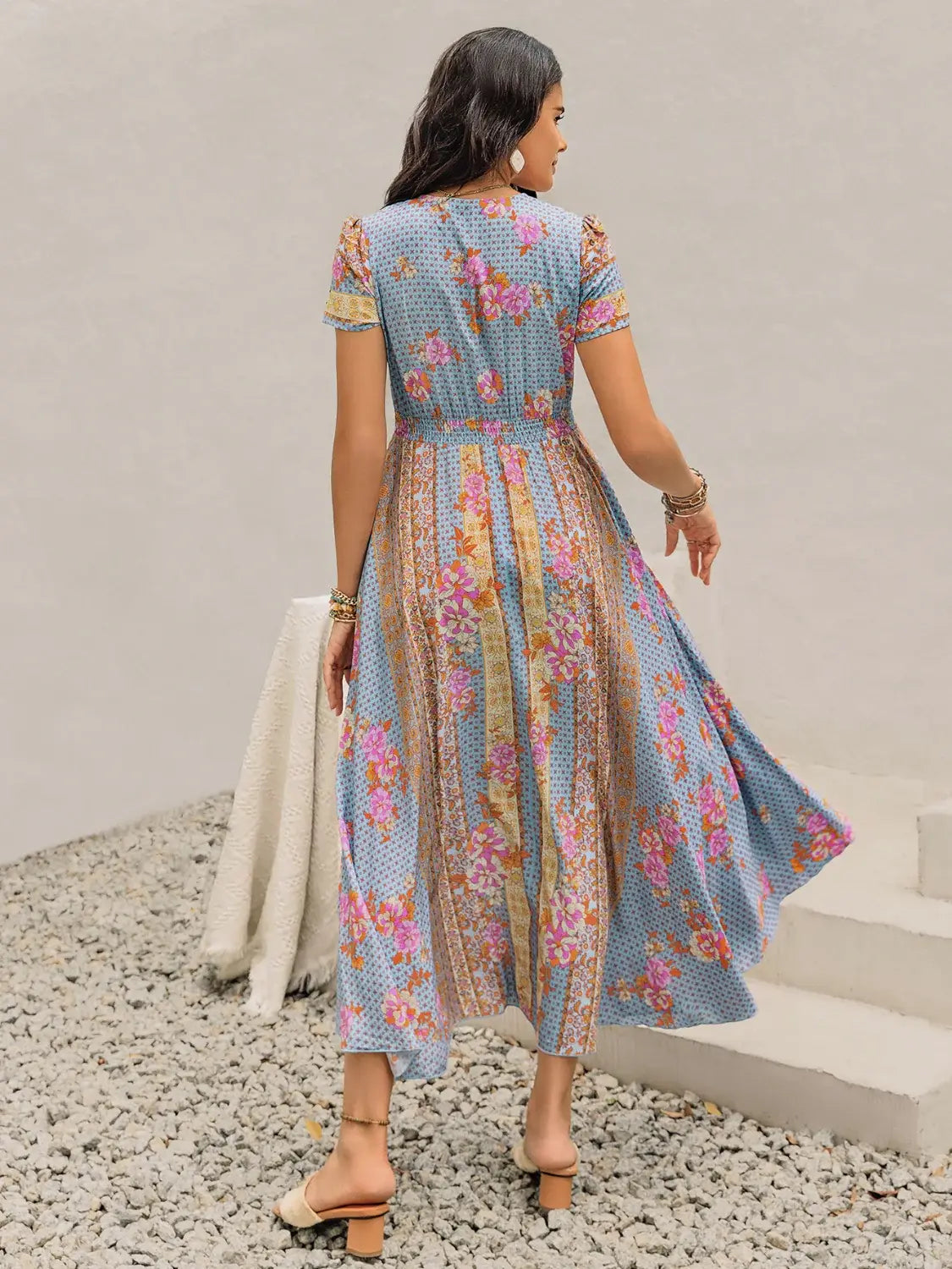 Smocked Floral V-Neck Short Sleeve Midi Dress - Trendsi - Flyclothing LLC