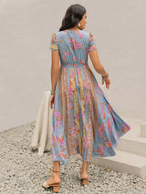 Smocked Floral V-Neck Short Sleeve Midi Dress - Trendsi - Flyclothing LLC