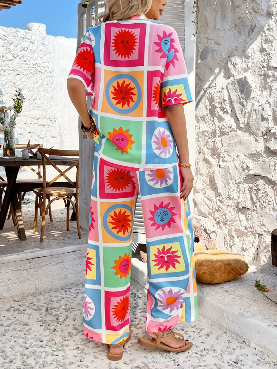 Devine Printed Collared Neck Half Sleeve Top and Pants Set - Trendsi - Flyclothing LLC