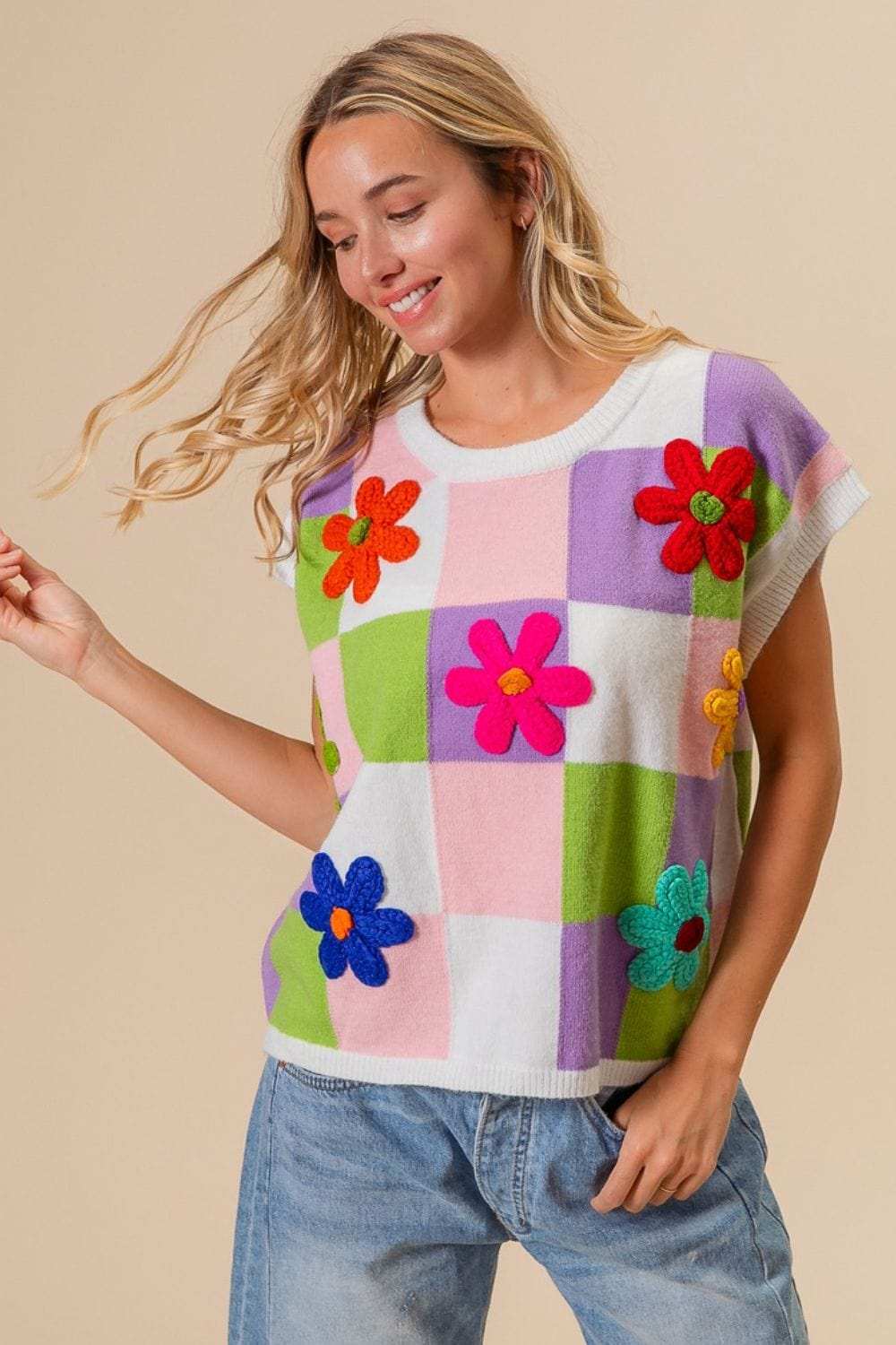 BiBi Flower Patch Checkered Sweater Vest - Trendsi - Flyclothing LLC