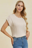 Double Take Full Size Cable-Knit Round Neck Short Sleeve Sweater - Trendsi