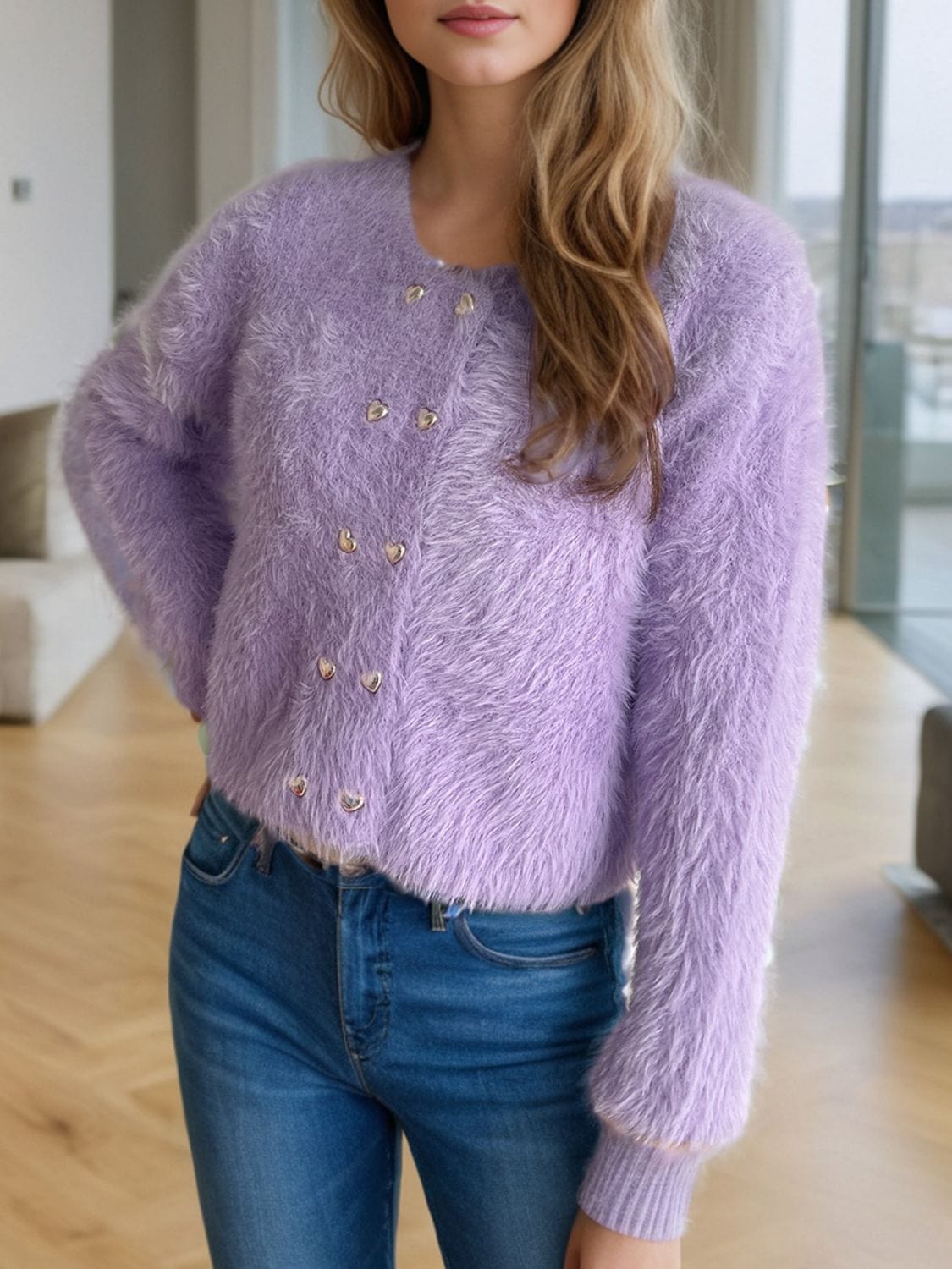 Heart Button Round Neck Cardigan - Trendsi