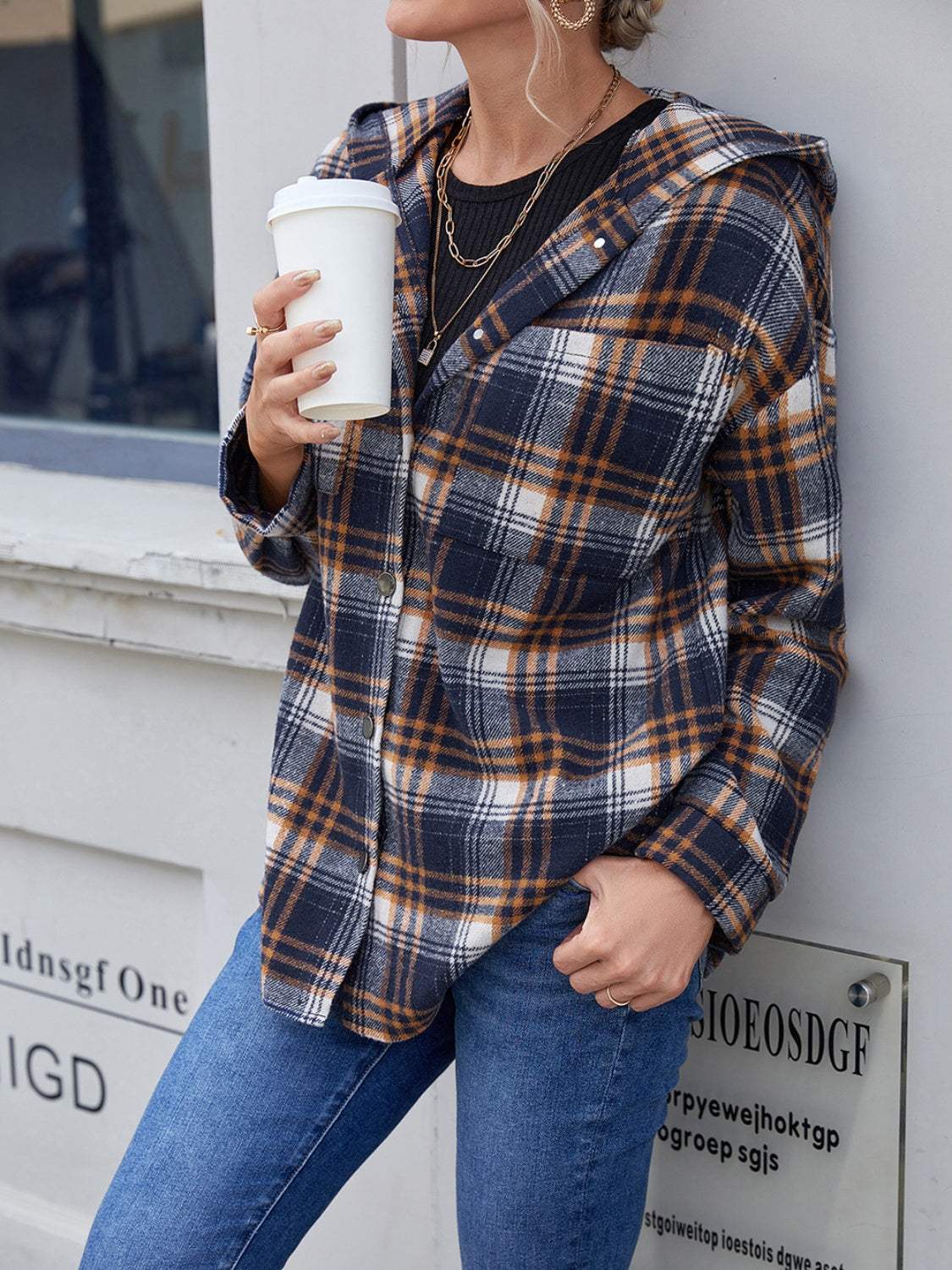 Plaid Button Up Long Sleeve Hooded Jacket - Trendsi - Flyclothing LLC
