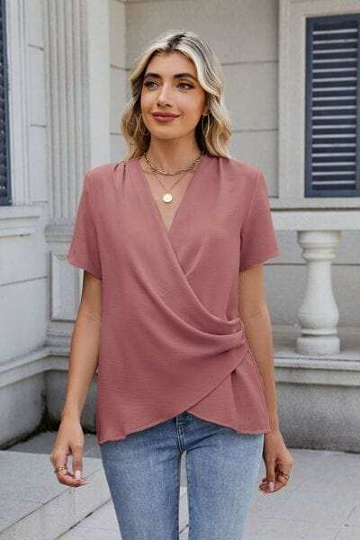 Solid Color Surplice Short Sleeve Blouse - Trendsi - Flyclothing LLC