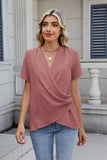 Solid Color Surplice Short Sleeve Blouse - Trendsi