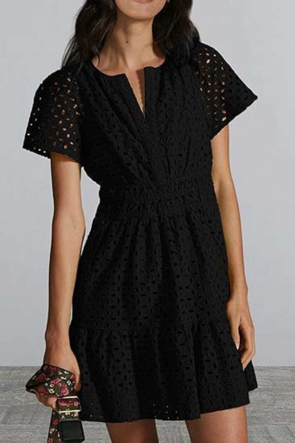 Eyelet Notched Short Sleeve Mini Dress - Trendsi - Flyclothing LLC