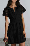 Eyelet Notched Short Sleeve Mini Dress - Trendsi - Flyclothing LLC