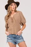 SAGE+FIG Lace-Up Waffle Knit Crop Top - Trendsi