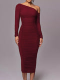 One-Shoulder Ruched Bodycon Midi Dress - Trendsi - Flyclothing LLC
