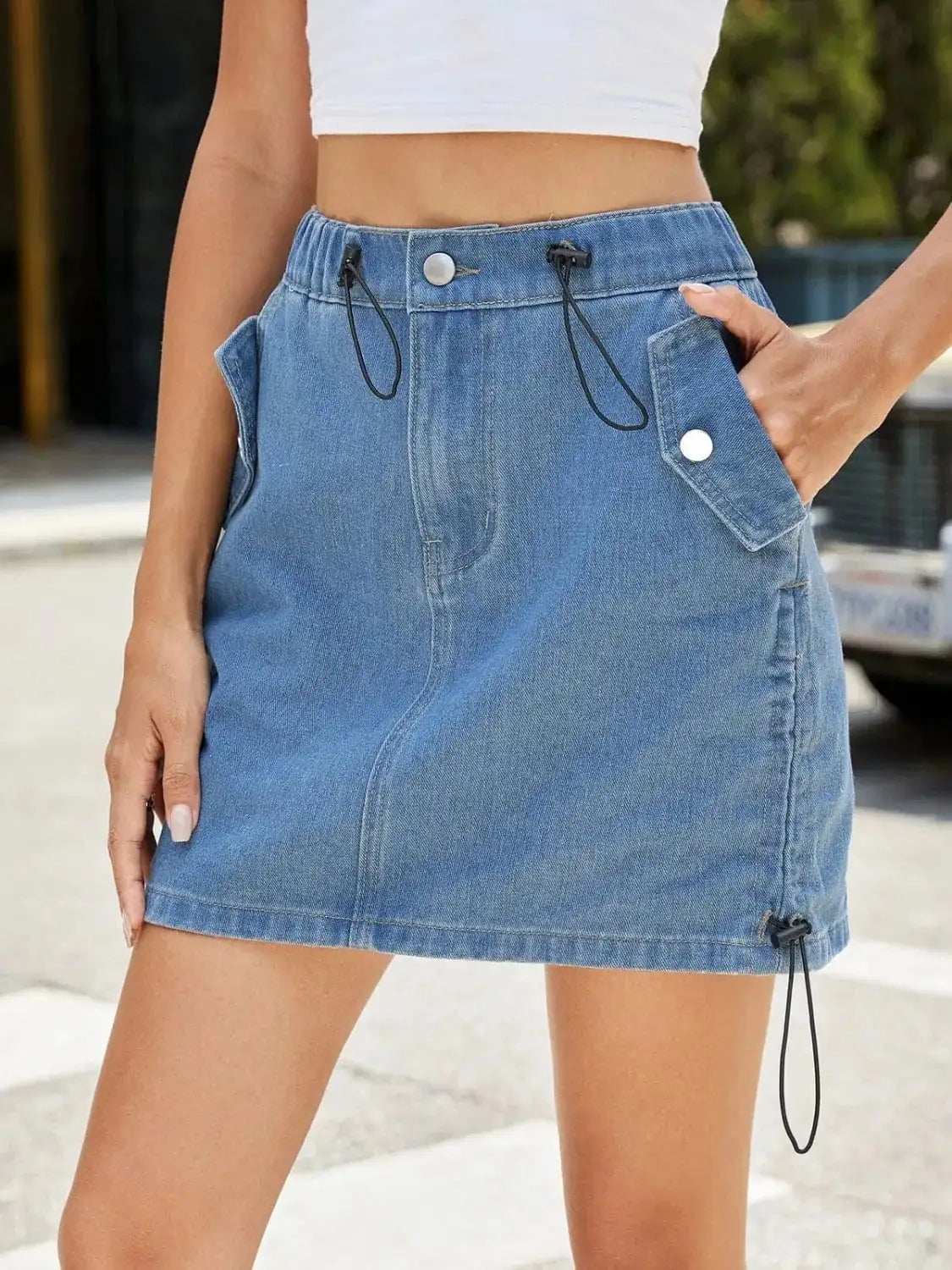 Drawstring Denim Mini Skirt - Trendsi - Flyclothing LLC