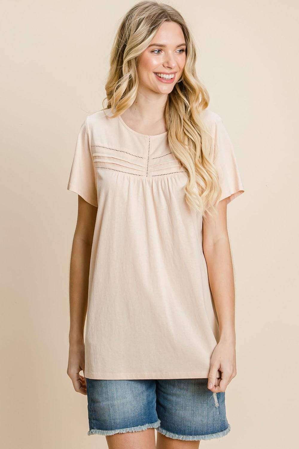Cotton Bleu by Nu Label Eyelet Round Neck Short Sleeve T-Shirt - Trendsi - Flyclothing LLC
