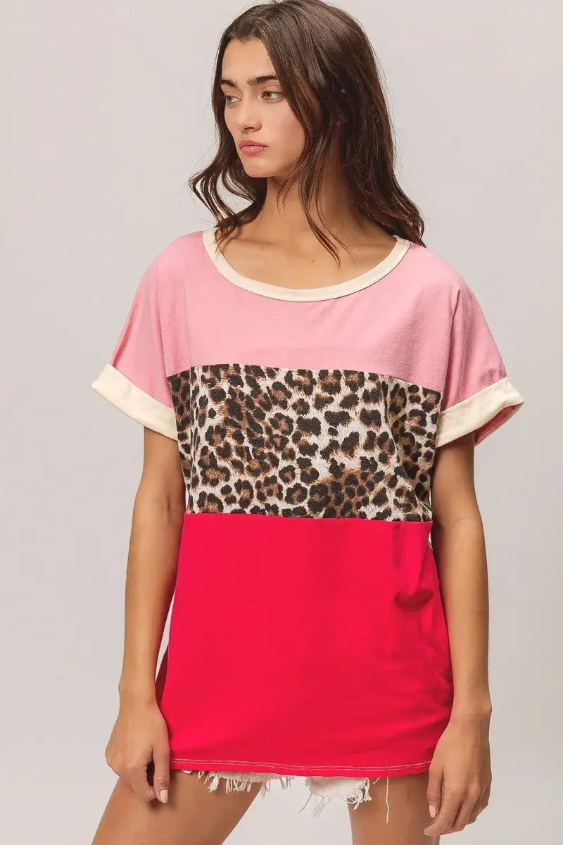 BiBi Leopard Printed Jersey Color Block Roll Up - Trendsi - Flyclothing LLC