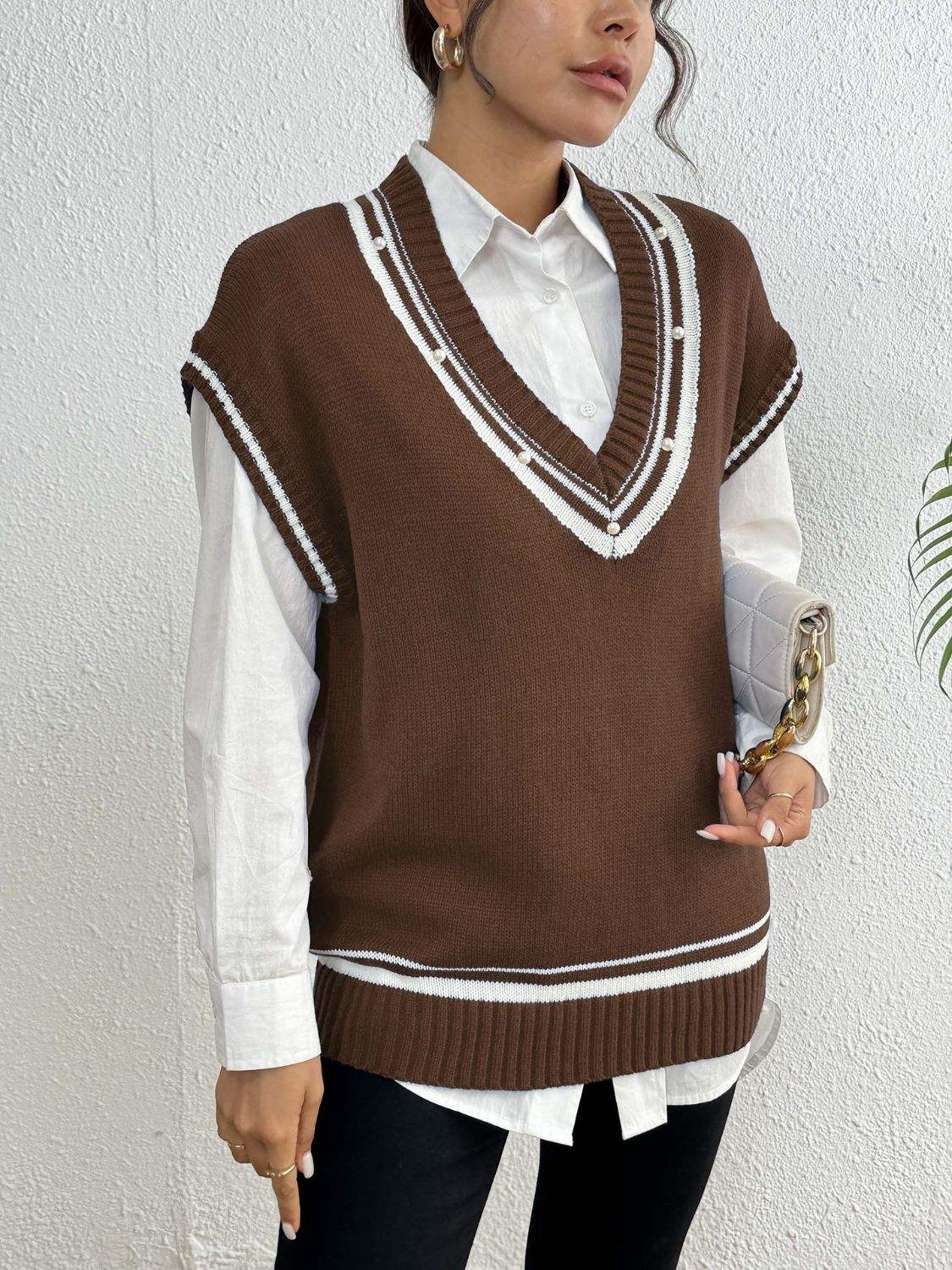 Pearl Trim Contrast V-Neck Sweater Vest - Trendsi - Flyclothing LLC