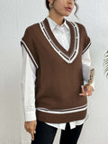 Pearl Trim Contrast V-Neck Sweater Vest - Trendsi