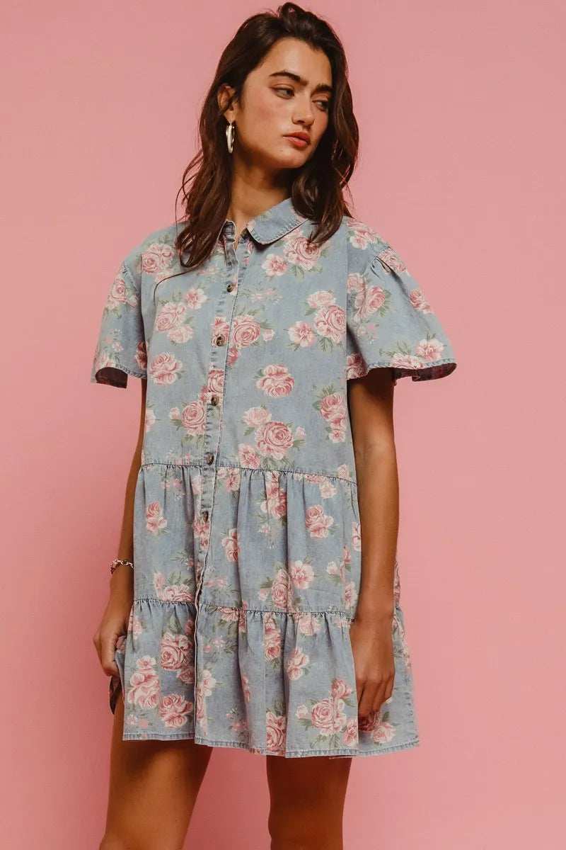 BiBi Floral Print Washed Lightweight Tiered Shirt Dress - Trendsi - Flyclothing LLC