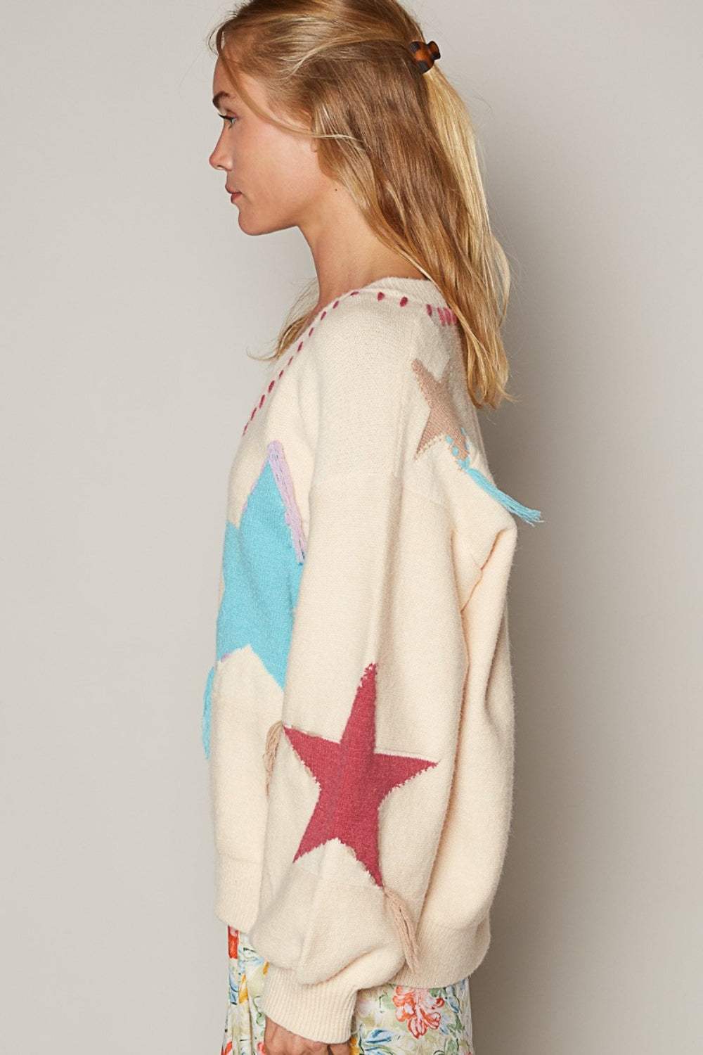 POL V-Neck Long Sleeve Star Fringe Sweater - Trendsi - Flyclothing LLC