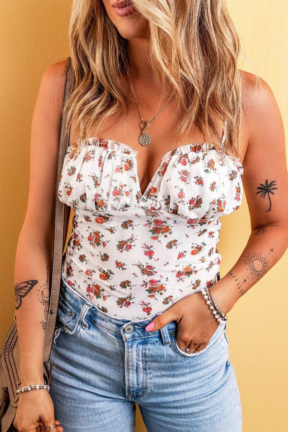 Floral Frilled Trim Spaghetti Straps Bodysuit - Trendsi - Flyclothing LLC
