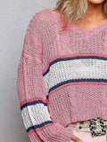 POL V-Neck Striped Pattern Cropped Knit Top with Cable Knit Detail - Trendsi - Flyclothing LLC