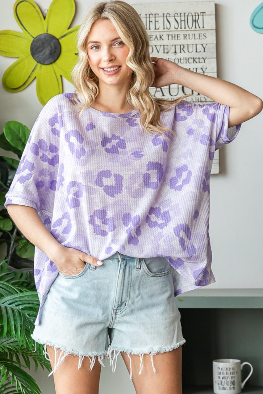 HOPELY Print Waffle Oversized T-Shirt - Trendsi