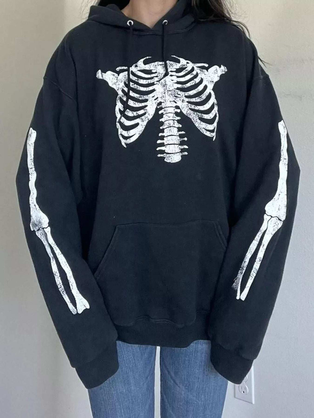 Drawstring Skeleton Long Sleeve Hoodie - Trendsi - Flyclothing LLC