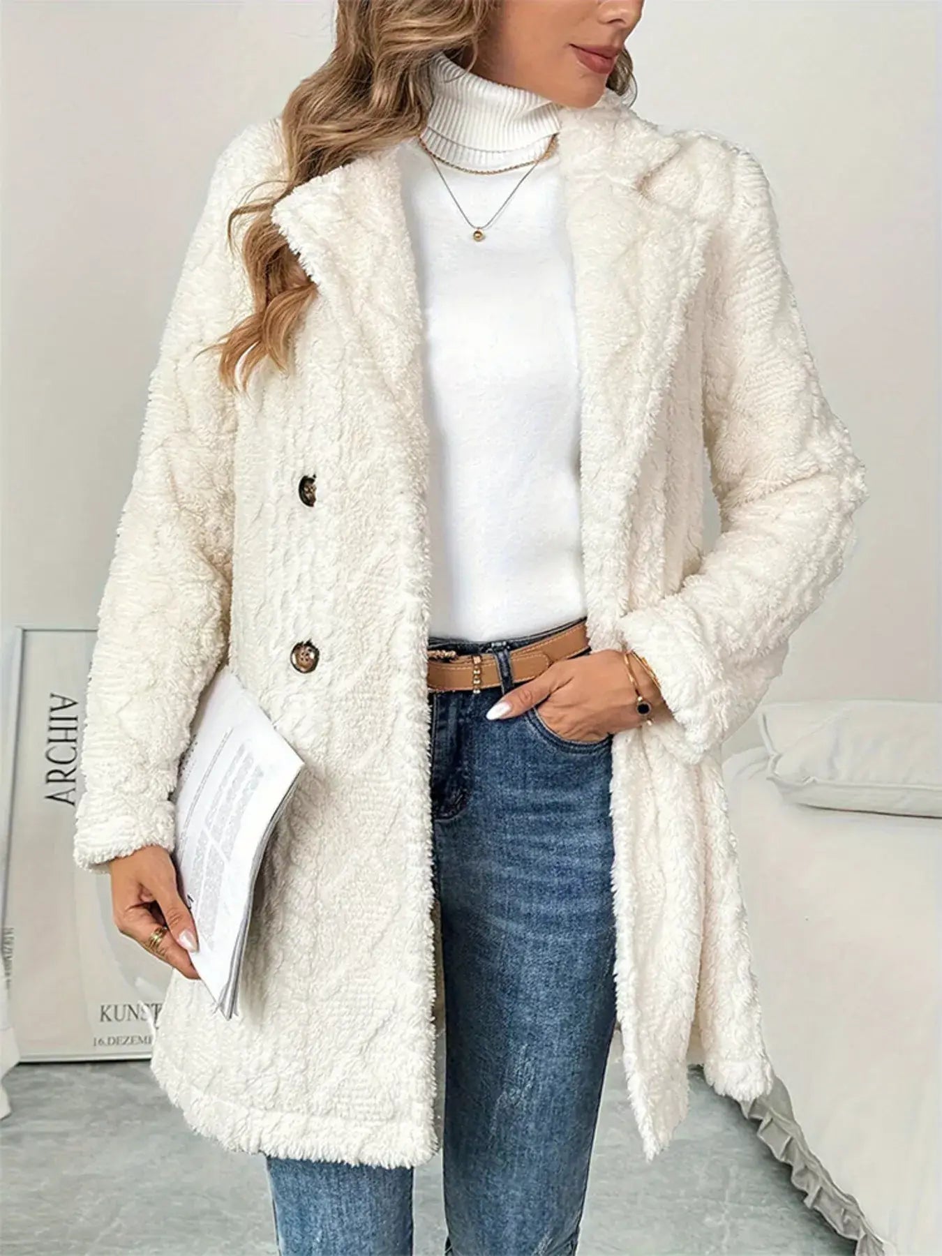 Fleece Double-Breasted Longline Coat - Trendsi - Flyclothing LLC