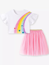 Children's Rainbow Ruffle Sleeve Top and Tulle Skirt Set - Trendsi - Flyclothing LLC