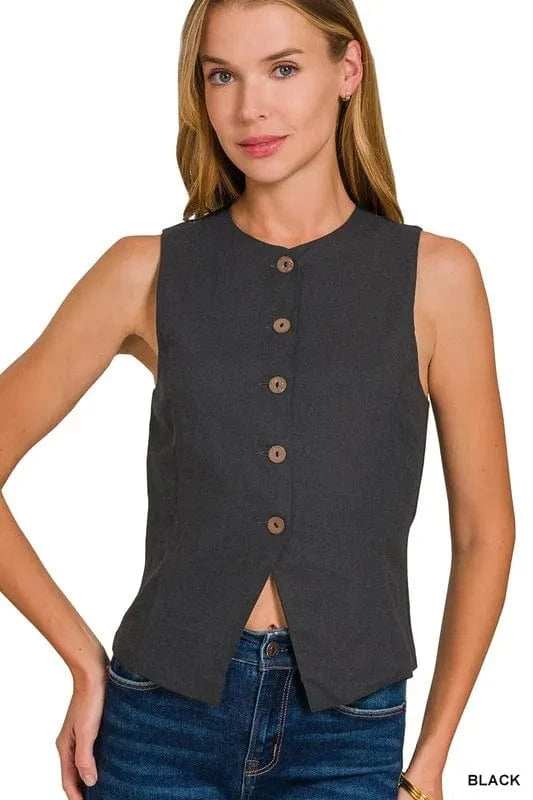 Zenana Linen Button Down Vest - Trendsi - Flyclothing LLC