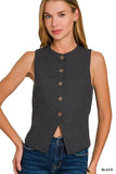 Zenana Linen Button Down Vest - Trendsi