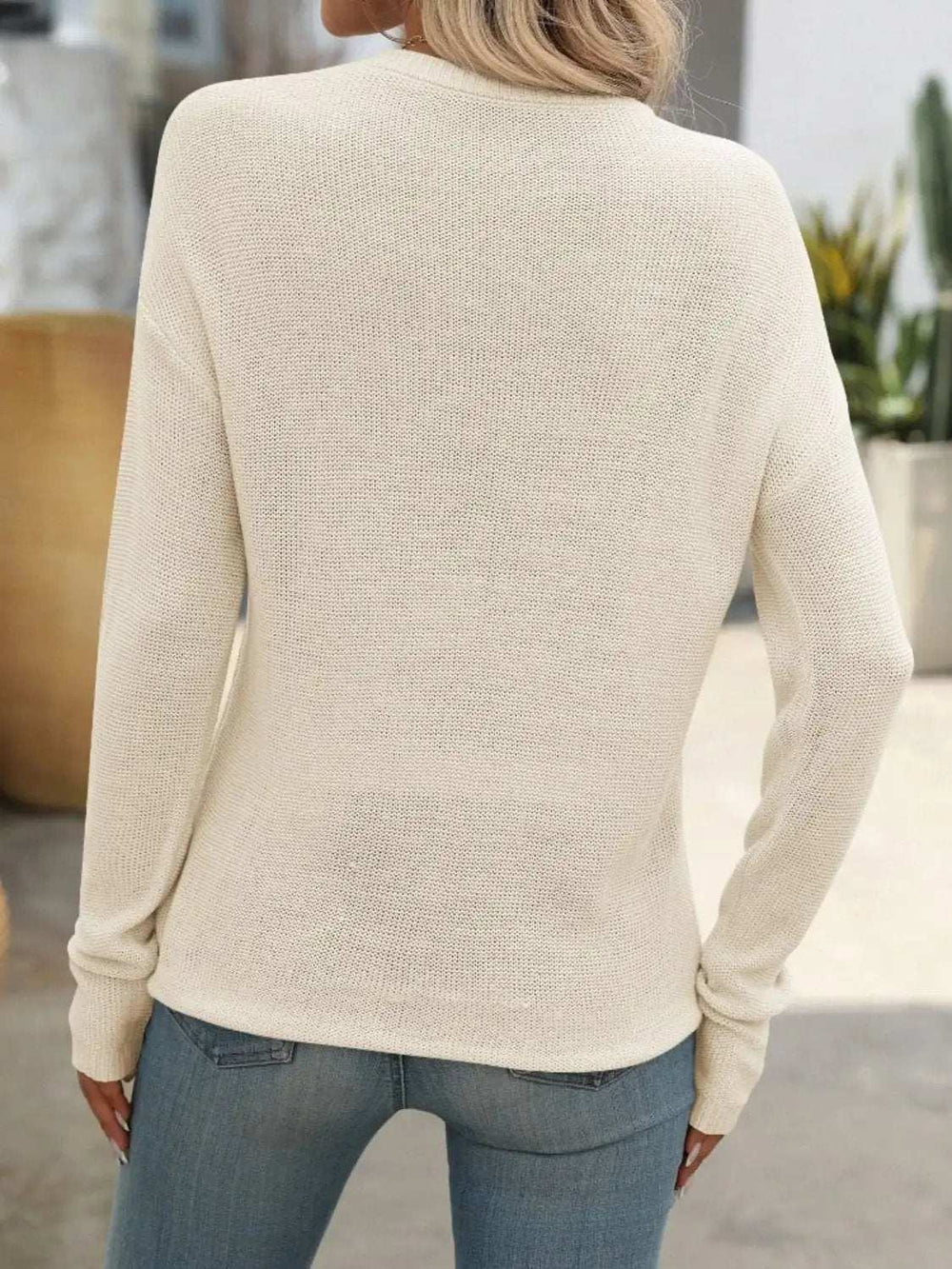 Round Neck Dropped Shoulder Knit Top - Trendsi - Flyclothing LLC