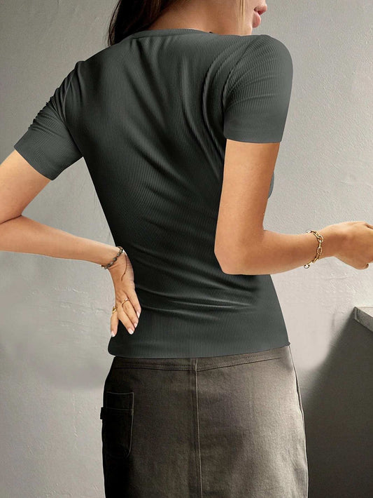 Round Neck Quarter Button Short Sleeve Top - Trendsi - Flyclothing LLC