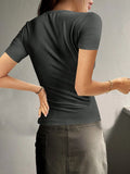 Round Neck Quarter Button Short Sleeve Top - Trendsi
