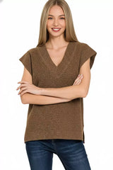 Zenana Ribbed Slit V-Neck Sweater Vest - Trendsi - Flyclothing LLC
