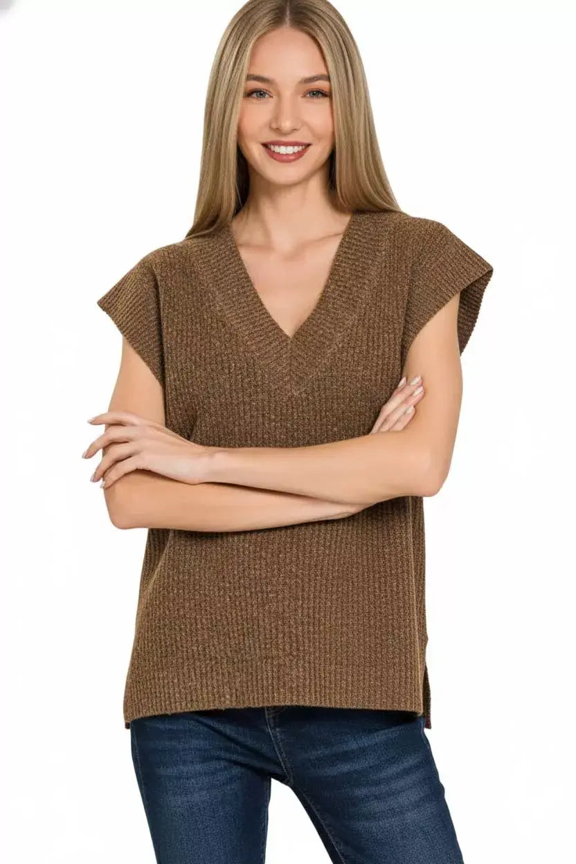 Zenana Ribbed Slit V-Neck Sweater Vest - Trendsi - Flyclothing LLC