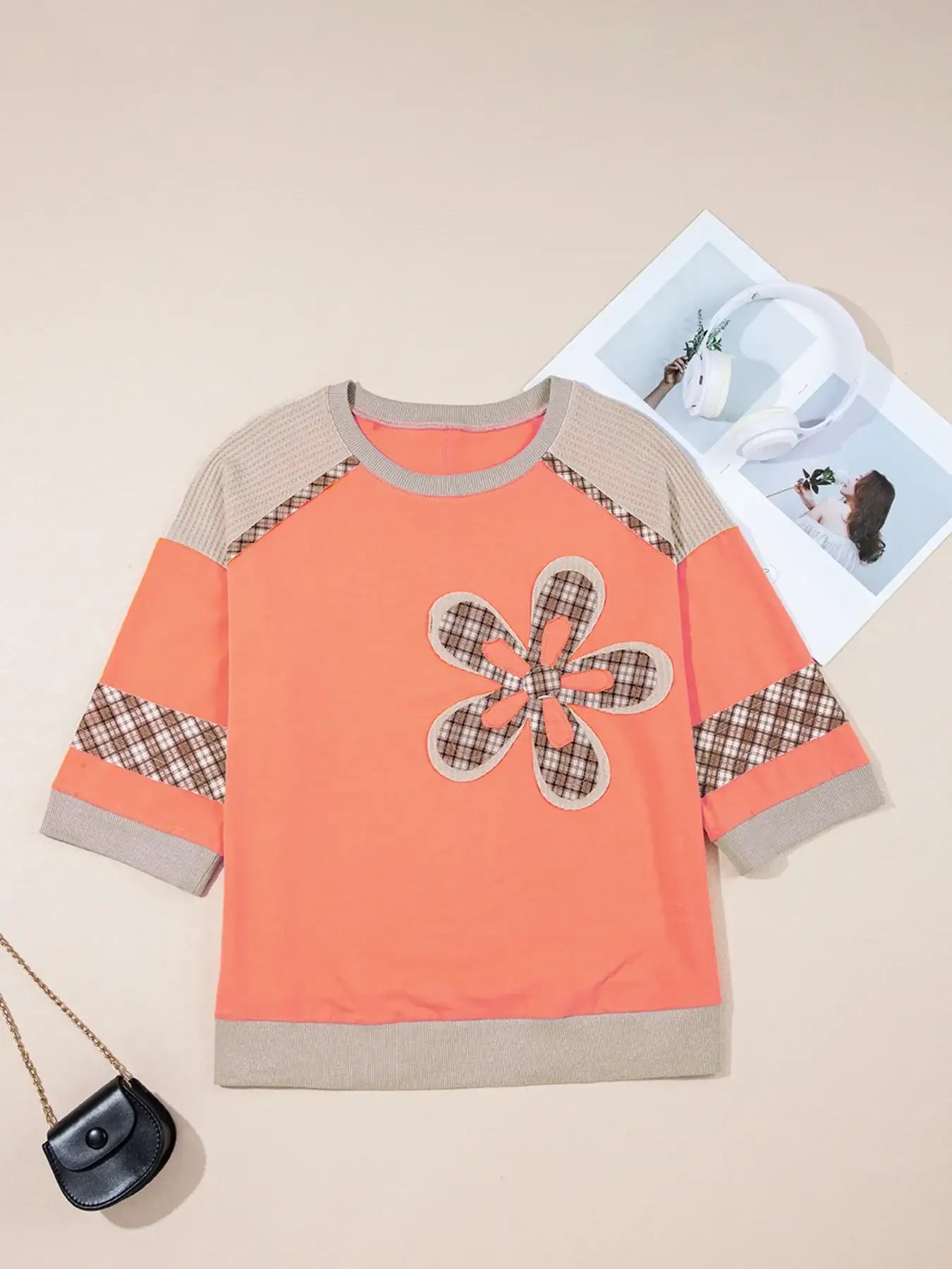 Plaid Waffle Flower Patchwork Contrast Top - Trendsi - Flyclothing LLC
