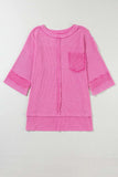 Pocketed Round Neck Three-Quarter Sleeve T-Shirt - Trendsi - Flyclothing LLC