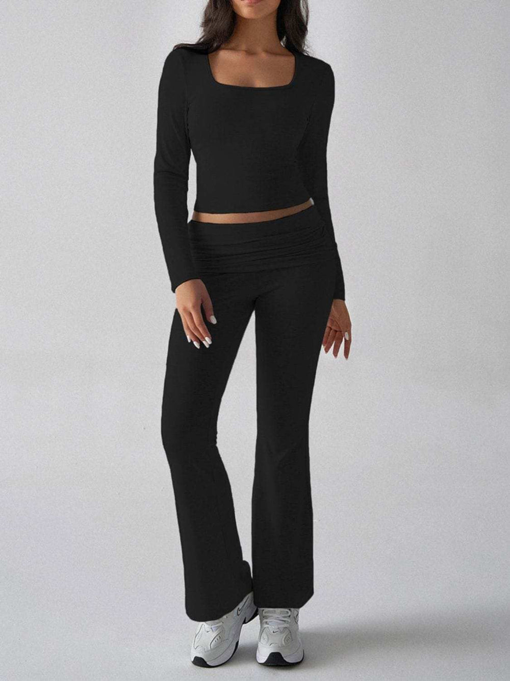 Devine Square Neck Long Sleeve Top and Pants Set - Trendsi - Flyclothing LLC