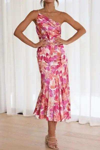 Ruched Printed Single Shoulder Midi Dress - Trendsi - Flyclothing LLC