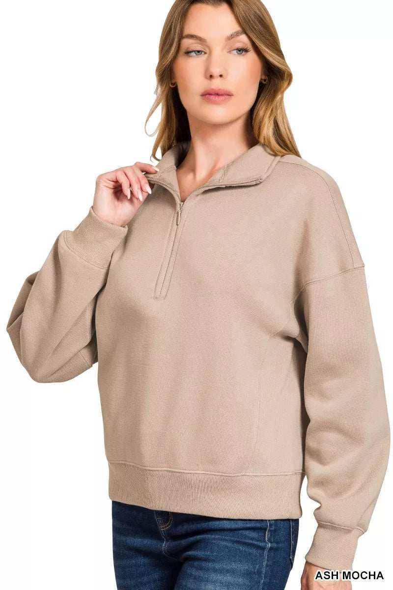 Zenana Fleece High Neck Half Zip Sweatshirt - Trendsi - Flyclothing LLC