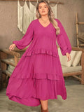 Plus Size Ruffled V-Neck Long Sleeve Dress - Trendsi - Flyclothing LLC