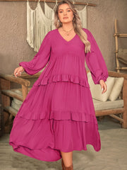 Plus Size Ruffled V-Neck Long Sleeve Dress - Trendsi
