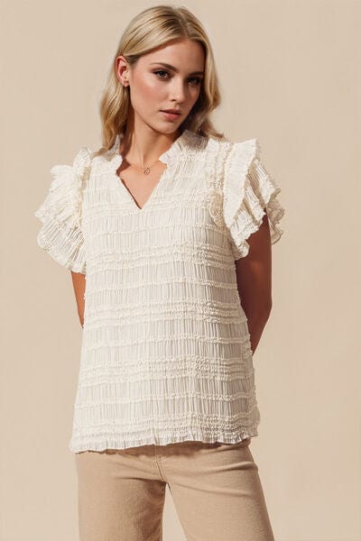 Oh Full Size Frill Notched Flounce Sleeve Blouse - Trendsi