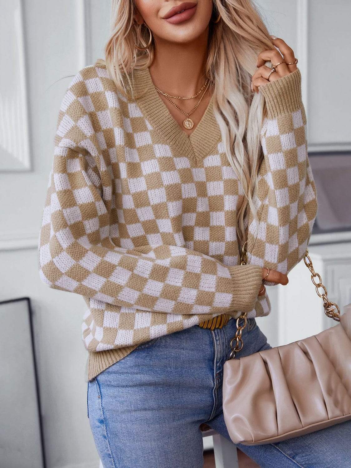 Checkered V-Neck Dropped Shoulder Sweater - Trendsi - Flyclothing LLC