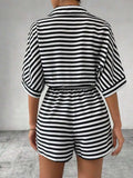 Tie Waist Half Button Striped Romper - Trendsi - Flyclothing LLC