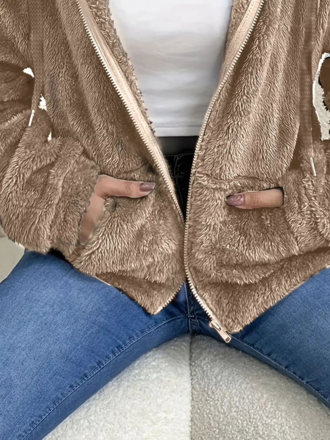 Drawstring Fleece Zip-Up Outerwear - Trendsi - Flyclothing LLC