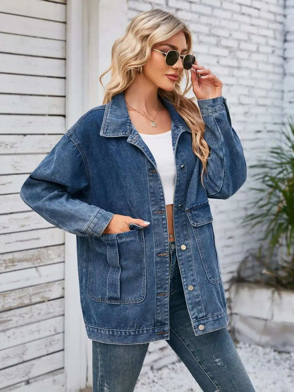 Button Up Long Sleeve Denim Jacket - Trendsi - Flyclothing LLC